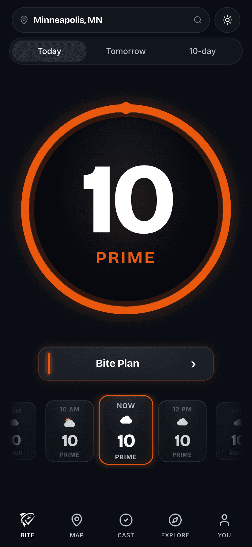 BiteCheck home screen with BiteScore and hourly outlook