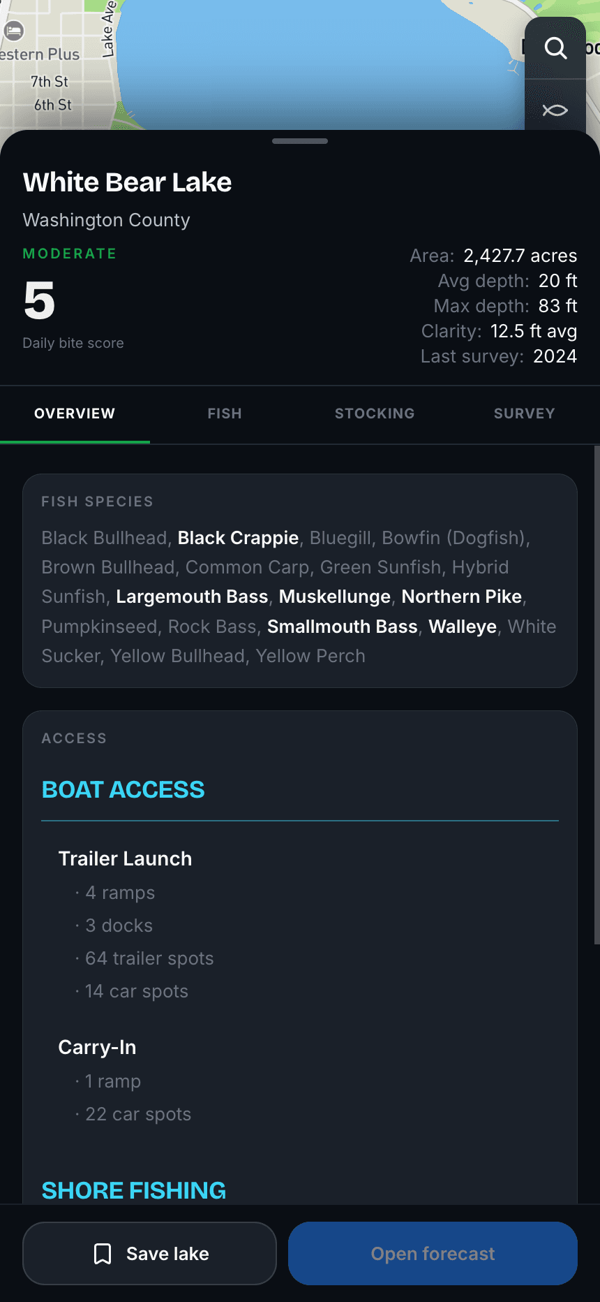 BiteCheck map and lake overview